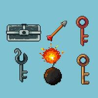 píxel Arte conjuntos de dugeon artículos.plata pecho,flecha,bronce F llave, plata llave, bomba y dorado llave. píxel arte, 8 bits Perfecto para juego activo o diseño activo elemento para tu juego diseño activo. vector