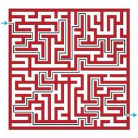 Red maze puzzle game,square geometric shape ,blue arrow,black line,labyrinth vector illustration.