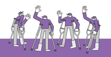 Set of Man on Crutches Waving Hand Drawn Character Illustration vector