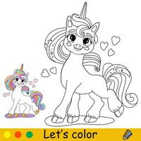 Cartoon unicorn with hearts kids coloring book page vector