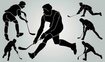 Vector hockey player stick field set of silhouettes