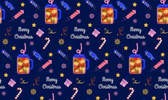 Christmas seamless pattern. Sample with winter drinks, tea with lemon and spices. Vector background in flat style. For printing on wrapping paper, textiles, wallpaper.