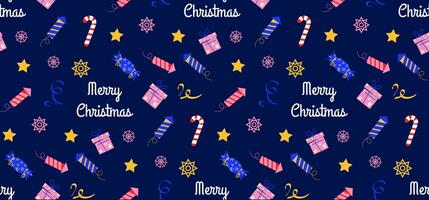 Christmas seamless background with text. Firecracker, candy cane, snowflakes, stars and other festive Christmas elements. Vector background in flat style. For printing on wrapping paper, textiles.