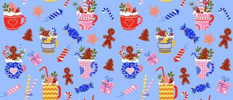 New Year seamless background. Pattern with winter drinks. Vector background in flat style. For printing on wrapping paper, textiles, wallpaper.