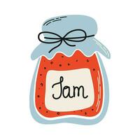 Vector illustration of jam. Jar of marmalade. Summer sweet preserve. Doodle style single object isolated on transparent background.