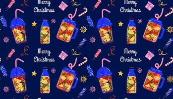 Christmas seamless pattern. Sample with winter drinks, tea with lemon and spices. Vector background in flat style. For printing on wrapping paper, textiles, wallpaper.