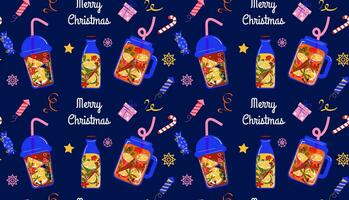 Christmas seamless pattern. Sample with winter drinks, tea with lemon and spices. Vector background in flat style. For printing on wrapping paper, textiles, wallpaper.