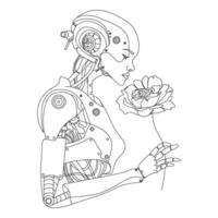 mujer cyborg o robot con ai participación un En Vivo flor en su mano y oliendo es.robótico dama con hermosa cara línea Arte dibujo. ai tecnología concepto. futuro tecnología vector contorno ilustración