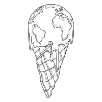 Climate change and global warming concept. Planet Earth in a waffle cone is melting like ice cream due to global warming and atmospheric pollution.Vector illustration in a linear style.Save the planet vector