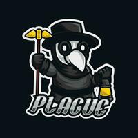 illustration of a cute plague doctor face holding a lantern and staff with text. mascot character style, mascot logo. used for e-sport logo, t-shirt, print, sticker, etc. vector graphic.