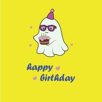 flying cute ghost with cake wishing happy birthday. Yellow greeting card vector