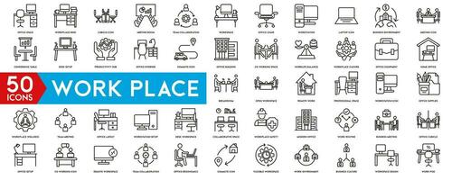 Work place icon set. Containing briefcase, desk, computer, meeting, employee, schedule and co-worker symbol. Solid workspace icons vector collection.