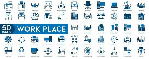 Work place icon set. Containing briefcase, desk, computer, meeting, employee, schedule and co-worker symbol. Solid workspace icons vector collection.