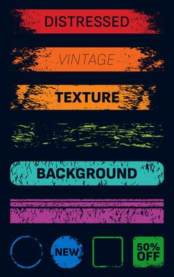 Distressed grunge banners in different shapes. Scratched rubber blank seal stamps. Long text box backgrounds