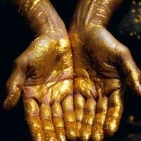 Hands dipped in gold glitter, drenched in gold gitter, AI Generated photo