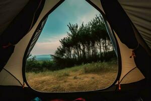 Camping tent forest view. Generate Ai photo