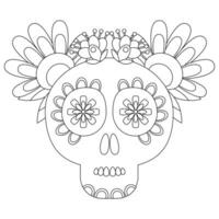 Mexican sugar skull with flowers in black outline coloring page vector