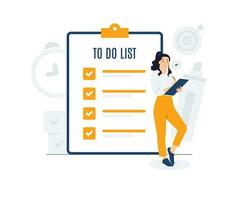 To do list, checklist, filling out digital form, assessment, questionnaire, evaluation, online survey. Businesswoman using pen tick correct sign mark check box concept illustration vector