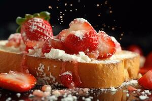 Strawberry toast, macro shot of a fresh breakfast with Dripping Honey, AI Generated photo