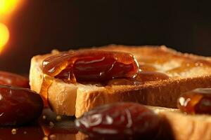 Saudi Arab Dates toast, macro shot of a fresh breakfast with Dripping Honey, AI Generated photo