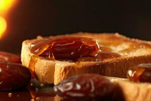 saudi árabe fechas tostada, macro Disparo de un Fresco desayuno con goteo Miel, ai generado foto