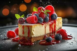 increíble frambuesa queso pastel, goteo chocolate, generativo ai foto