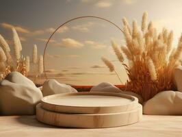 3D Natural Beauty Product Podium with Earthy Elements background AI generated photo