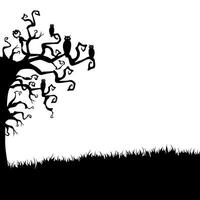 Halloween illustration with silhouettes of trees, owls, grass vector