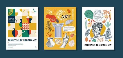 3 Art posters for the exhibition,  magazine or cover, vector template with sculpture art, Antique statues, geometric background, modern ancient Greek or Roman style. Neo Nostalgia banner collection.