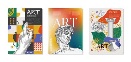 3 Art posters for the exhibition,  magazine or cover, vector template with sculpture art, Antique statues, geometric background, modern ancient Greek or Roman style. Neo Nostalgia banner collection.