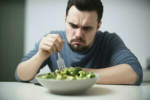 Unhappy man eat broccoli. Generate Ai photo