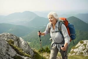 Senior woman hiking. Generate Ai photo