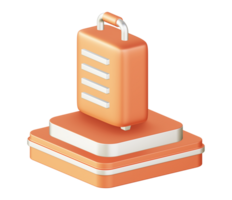 3d illustration icon design of metallic orange suitcase luggage with square podium png