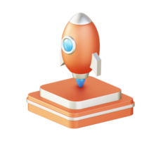 3d illustration ikon design av metallisk orange rymdskepp raket med fyrkant podium png