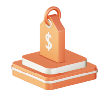 3d illustration icon design of metallic orange shopping price tag with square podium png