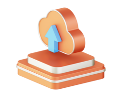 3d ilustración icono diseño de metálico naranja subir a nube almacenamiento con cuadrado podio png