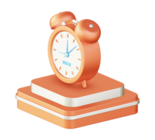 3d illustration icon design of metallic orange alarm clock time with square podium png