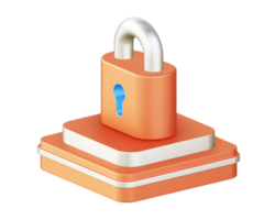 3d illustration icon design of metallic orange security padlock with square podium png