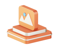 3d illustration icon design of metallic orange picture photo image with square podium png