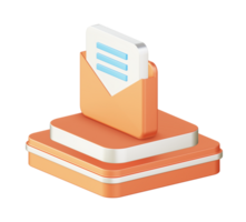 3d illustration ikon design av metallisk orange e-post inkorg meddelande med fyrkant podium png