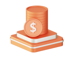 3d ilustração ícone Projeto do metálico laranja dinheiro e moeda com quadrado pódio png