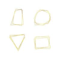 Set of four gold geometric polygonal frames with shining effects isolated on white background. Empty glowing art deco backdrop. Vector illustration.