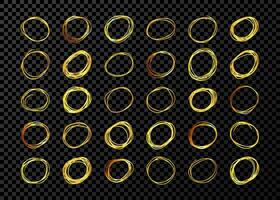 Hand drawn scribble circles.  Set of thirty gold doodle round circular design elements on dark background. Vector illustration