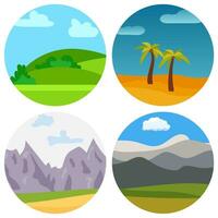 Set of four natural cartoon landscapes at sunny day in circle. Vector illustration.