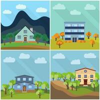 Set of four lonely houses in the nature. Vector illustration.