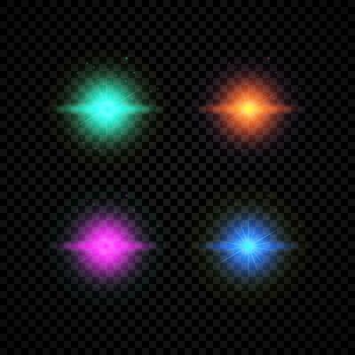 Light effect of lens flares. Set of four green, orange, purple and blue glowing lights starburst effects with sparkles on a dark background. Vector illustration