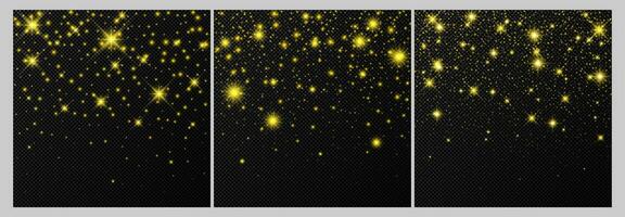 Set of three gold backdrops with stars and dust sparkles isolated on dark background. Celebratory magical Christmas shining light effect. Vector illustration.