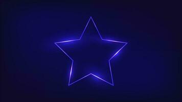 Neon frame in star form with shining effects on dark background. Empty glowing techno backdrop. Vector illustration.