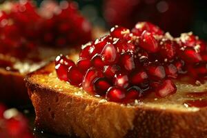 Pomegranate toast, macro shot of a fresh breakfast with Dripping Honey, AI Generated photo