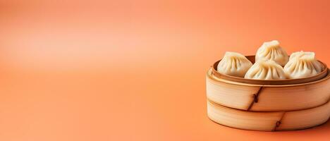 A close-up shot of a bamboo steamer filled with freshly steamed dumplings on a vibrant gradient background photo